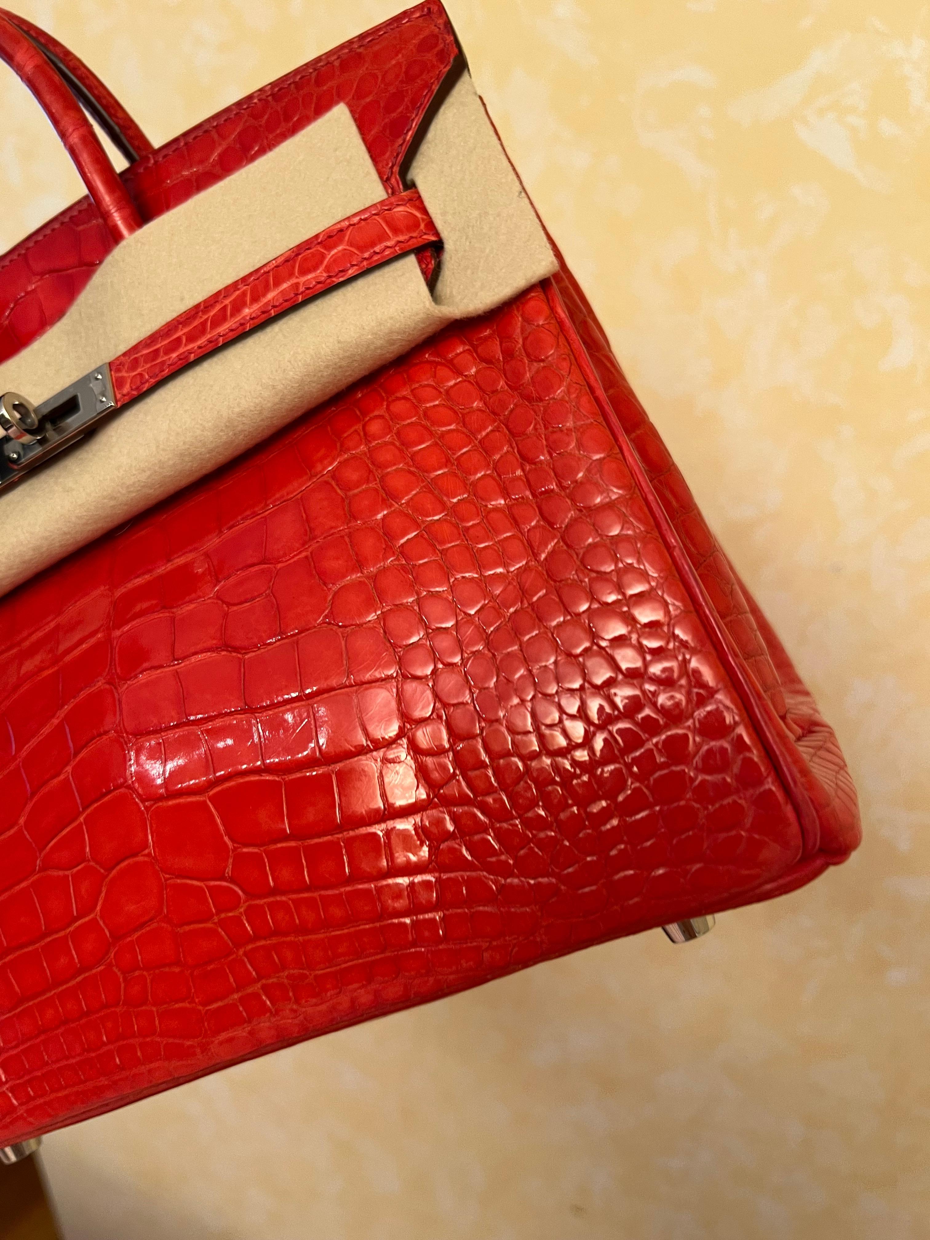 Hermes Birkin 25 shiny Bougainvillea alligator bag PHW For Sale 7