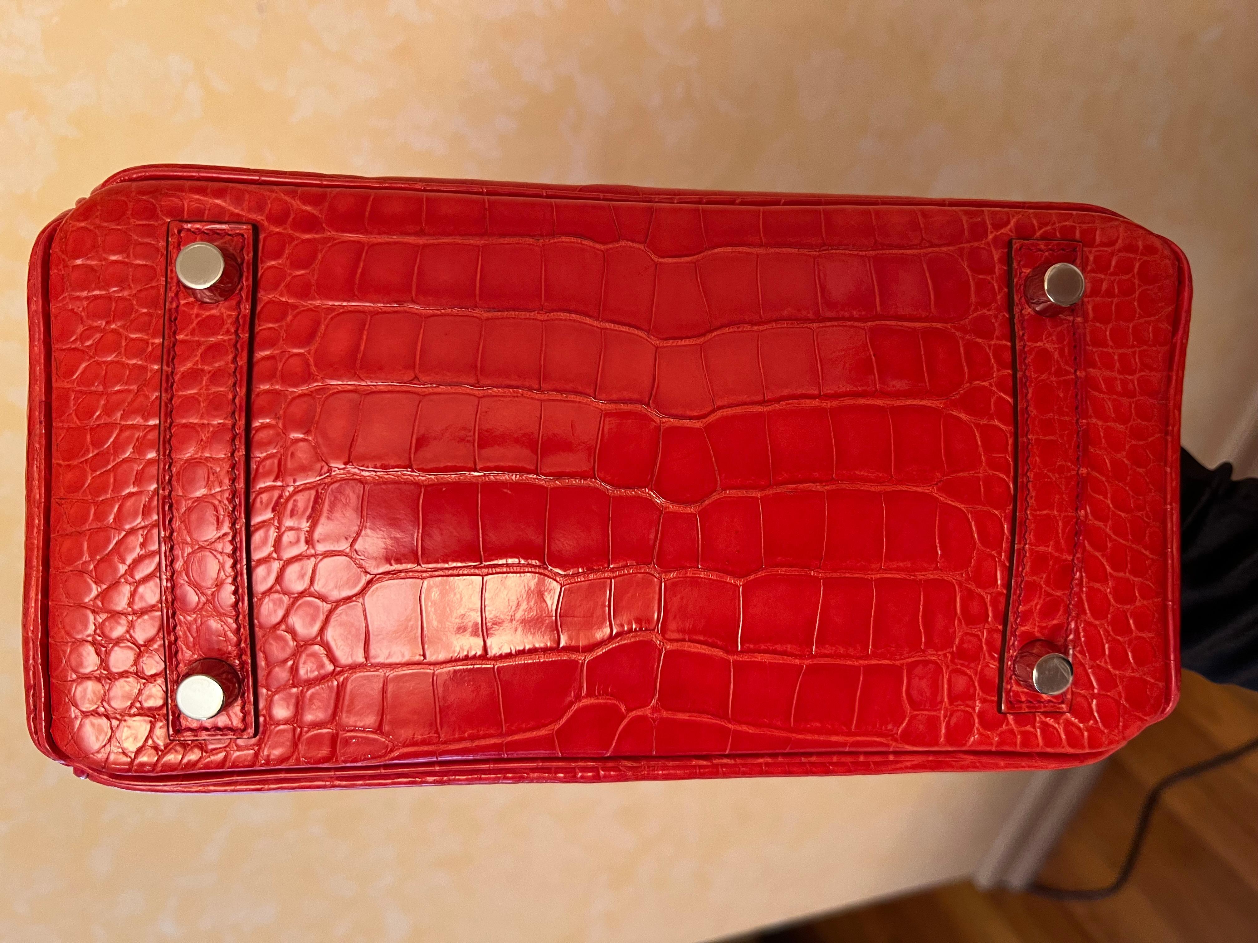 Hermes Birkin 25 shiny Bougainvillea alligator bag PHW For Sale 8