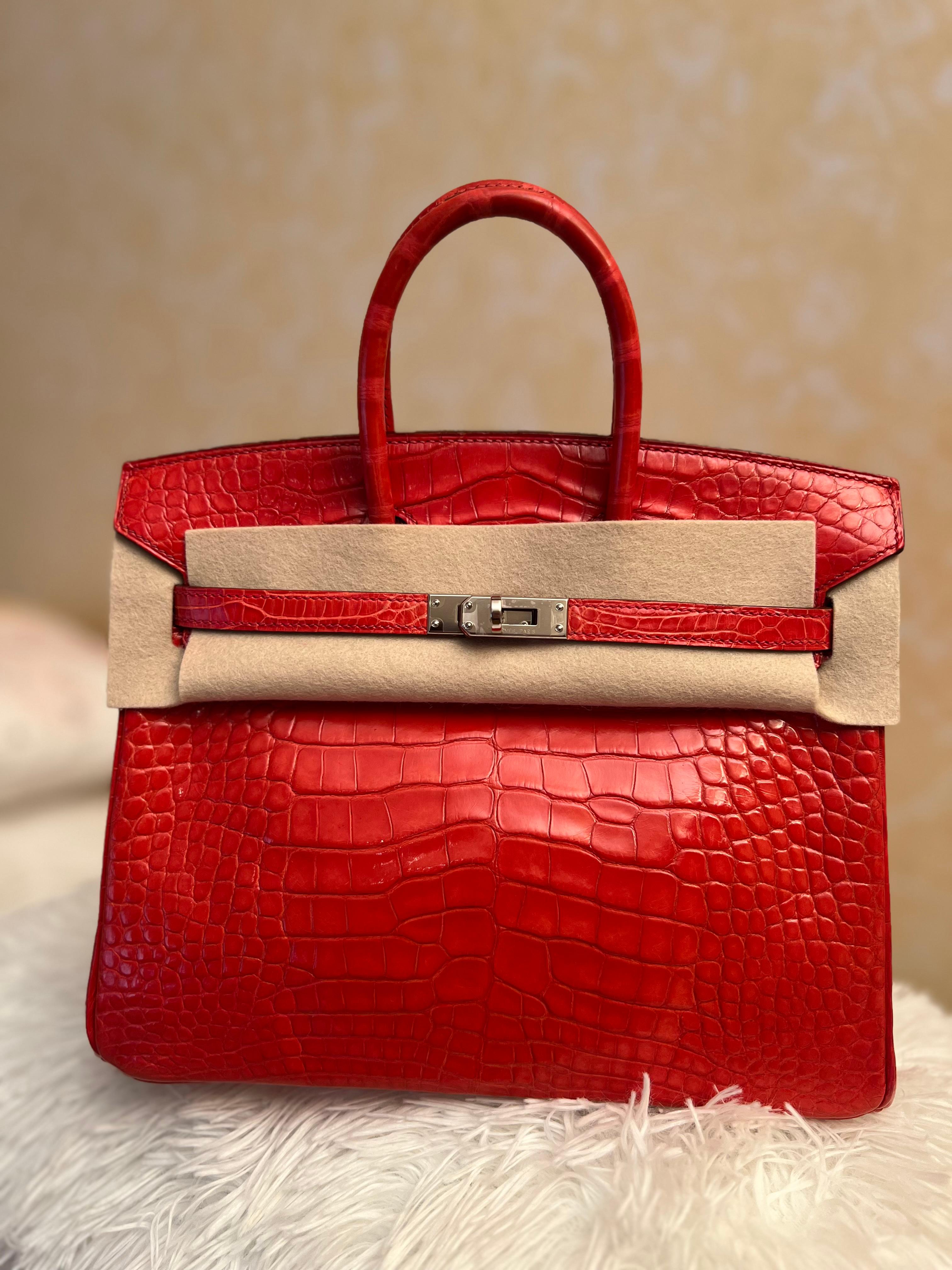 Hermes Birkin 25 shiny Bougainvillea alligator bag PHW For Sale 9