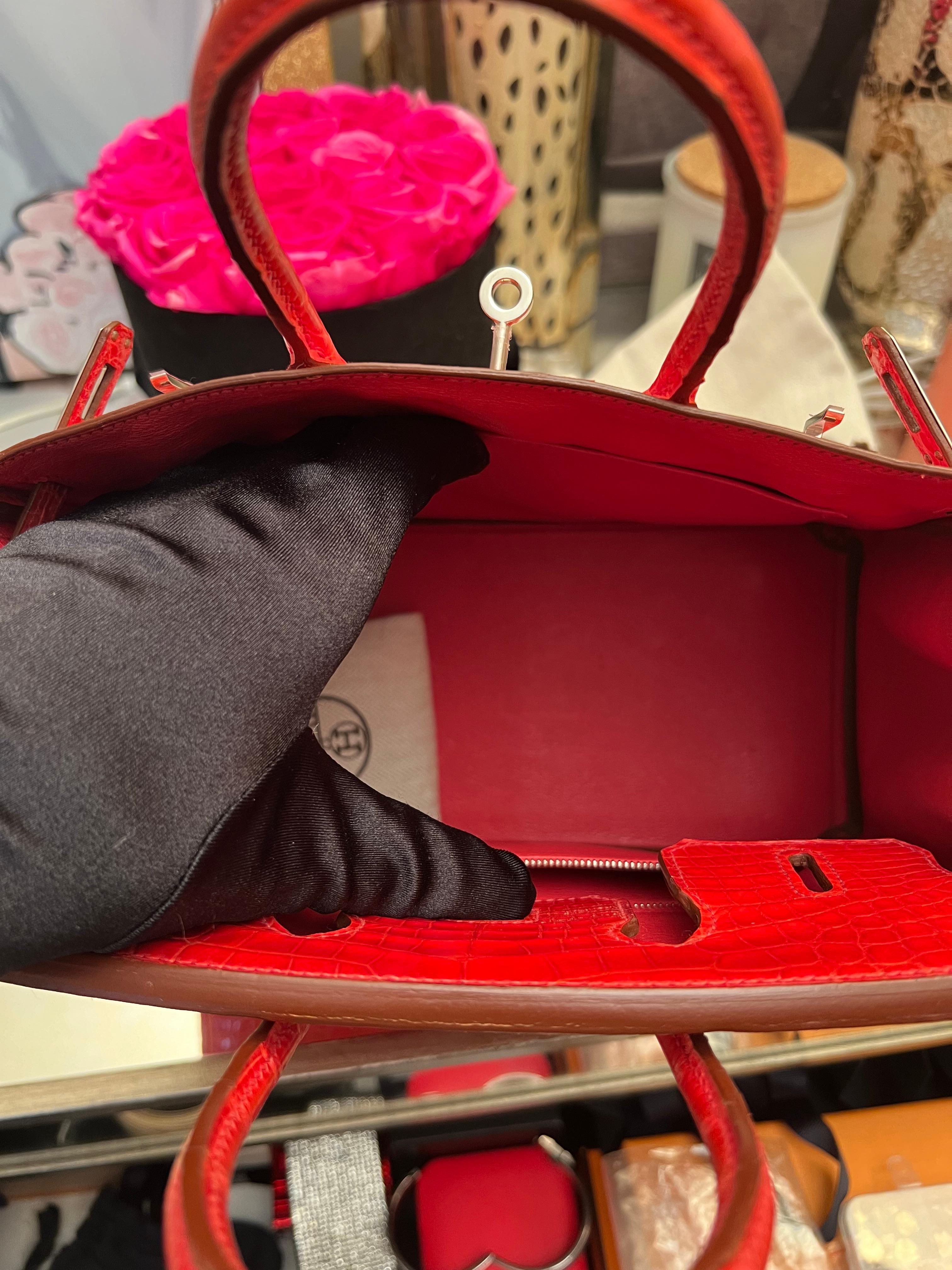 Hermes Birkin 25 shiny Bougainvillea alligator bag PHW For Sale 11