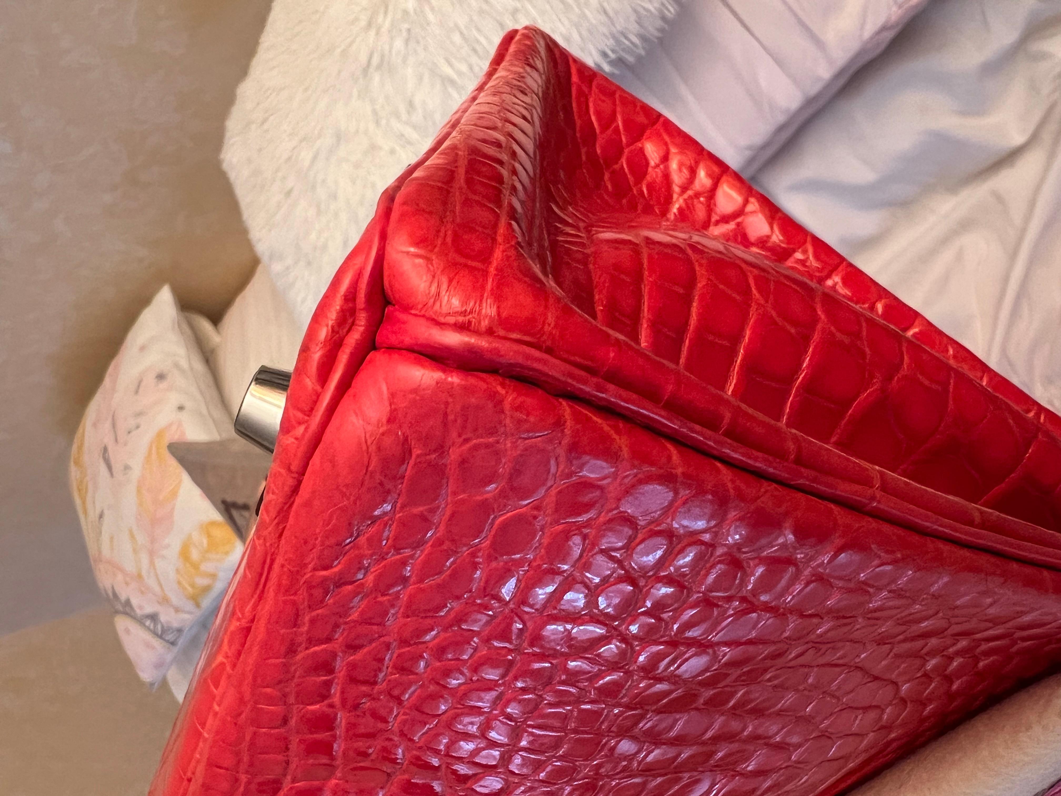 Hermes Birkin 25 shiny Bougainvillea alligator bag PHW For Sale 2