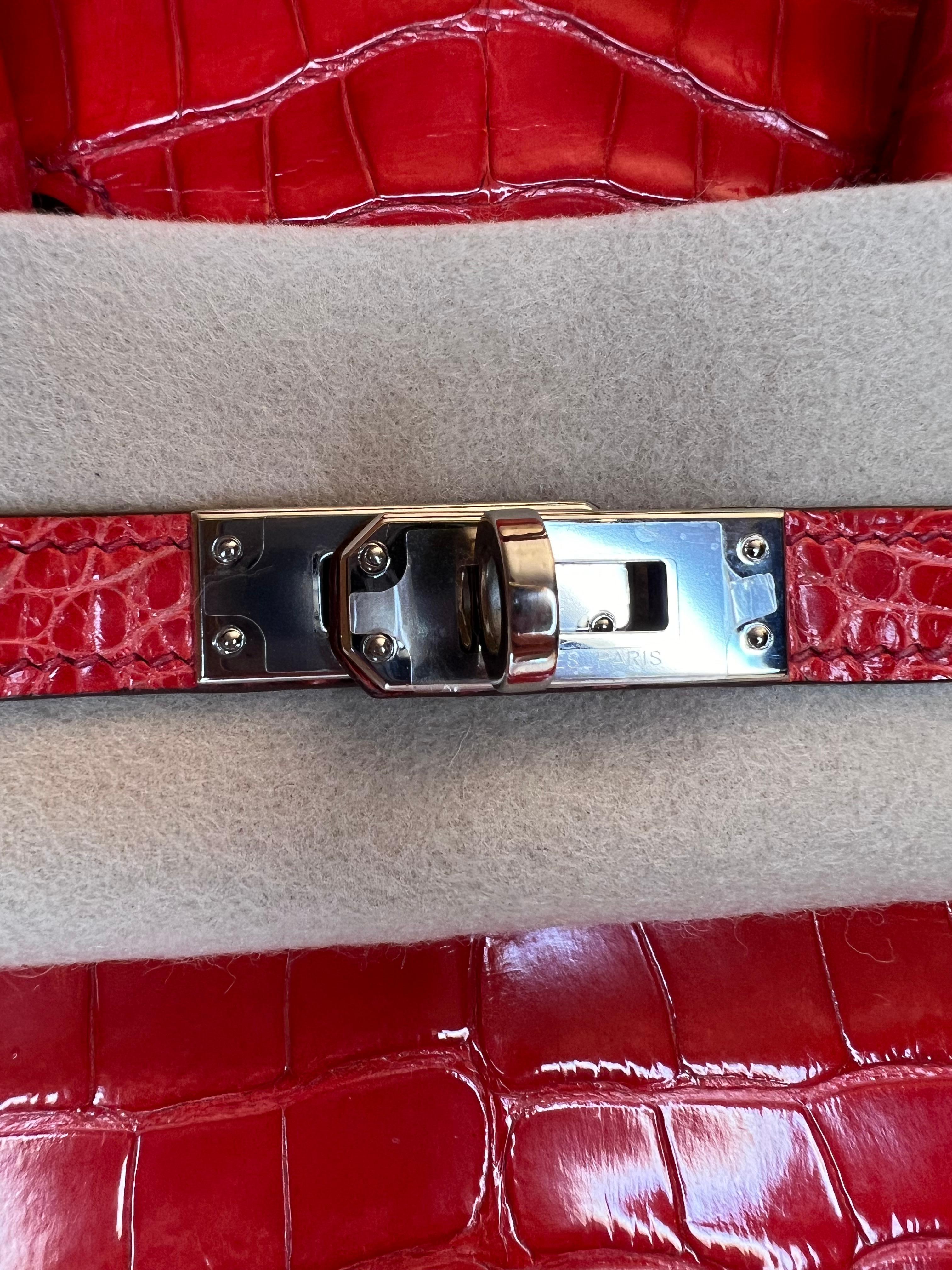 Hermes Birkin 25 shiny Bougainvillea alligator bag PHW For Sale 3