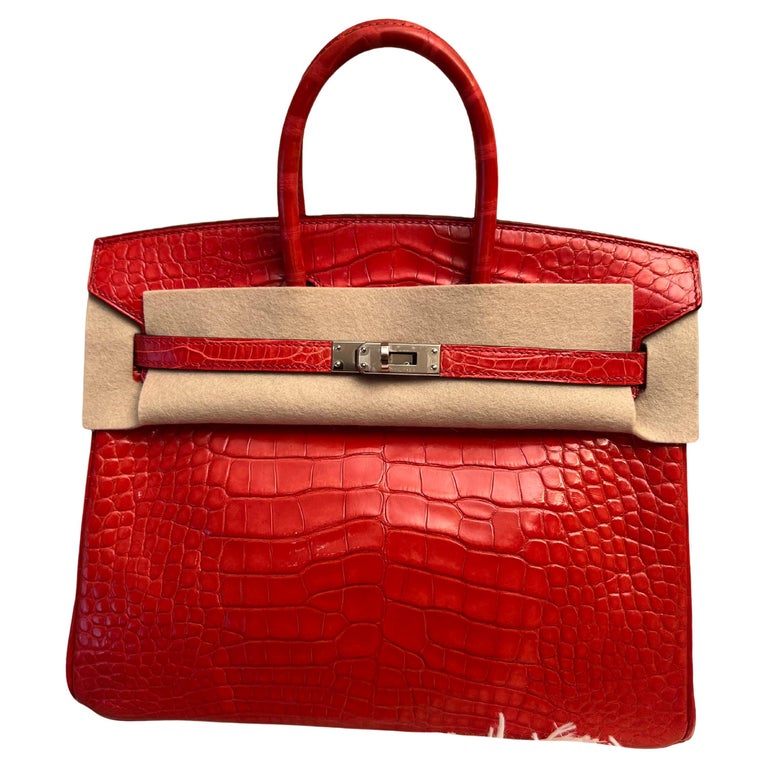 Hermes Birkin 25 shiny Bougainvillea alligator bag PHW For Sale at