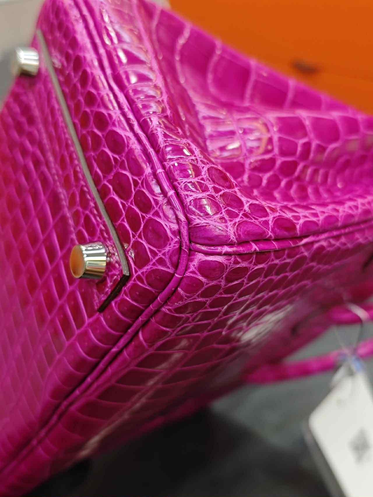 Hermes Birkin 25 Shiny Crocodile Porosus white gold with diamonds bag For Sale 10
