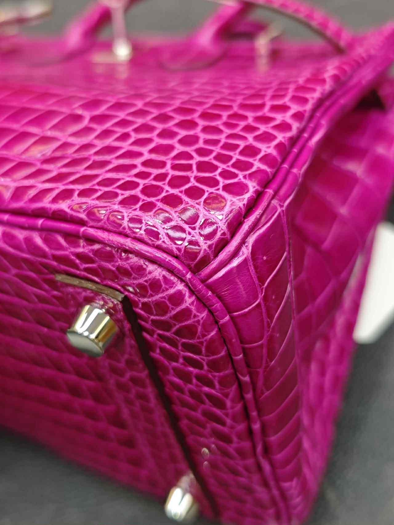 Hermes Birkin 25 Shiny Crocodile Porosus white gold with diamonds bag For Sale 11