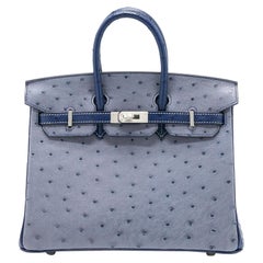 Hermes Birkin 25 SPECIAL ORDER OSTRICH GRIS AGATE/BLUE IRIS BRUSHED SHW STAMP Z