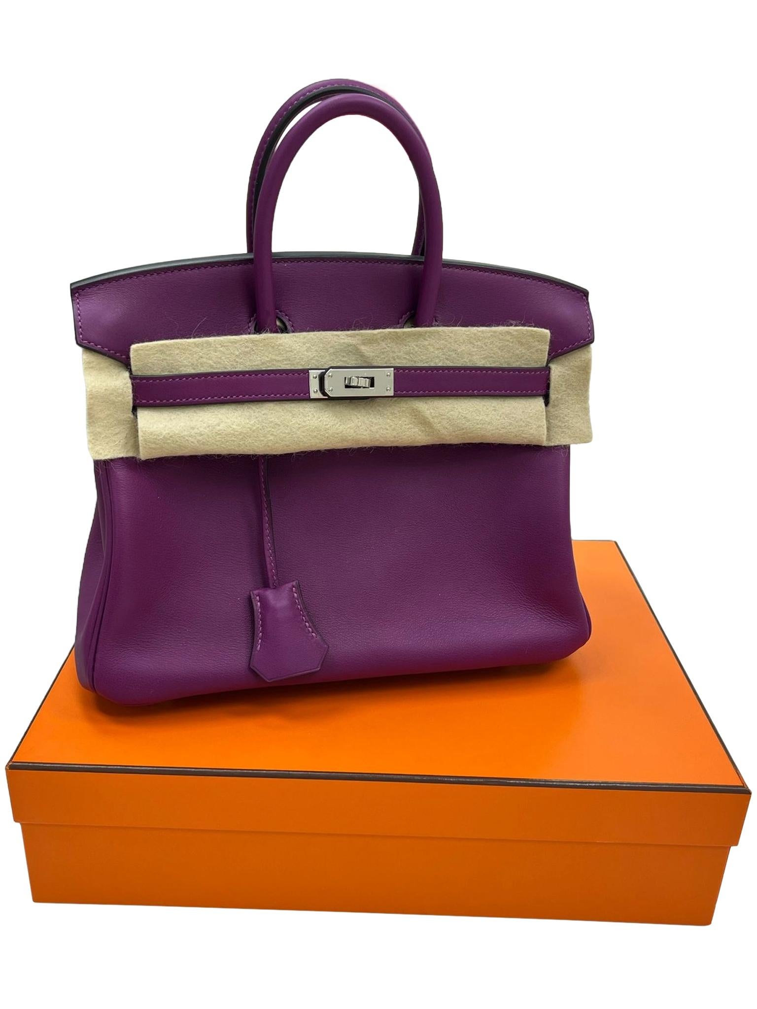 Purple Hermes Birkin 25 Swift Leather Anemone Palladium Hardware Handbag For Sale