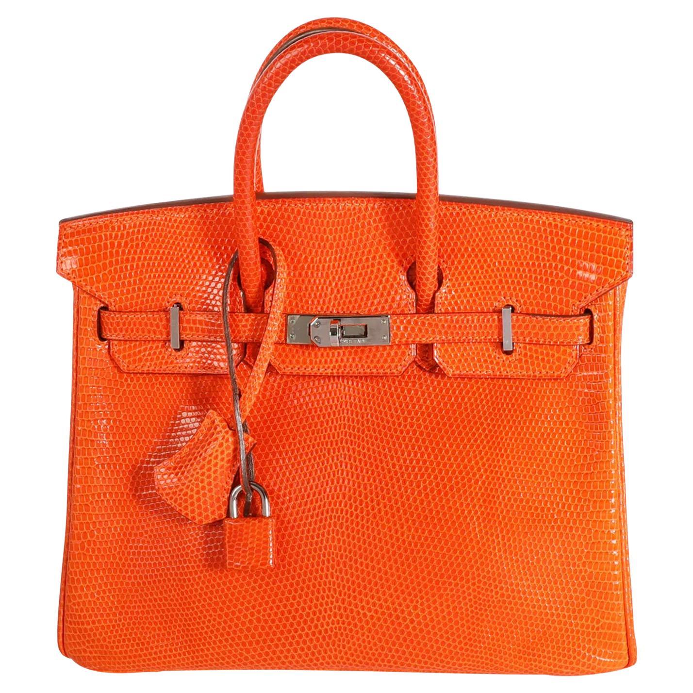 Hermès Birkin 25 Tangerine Shiny Lizard With Gold Hardware