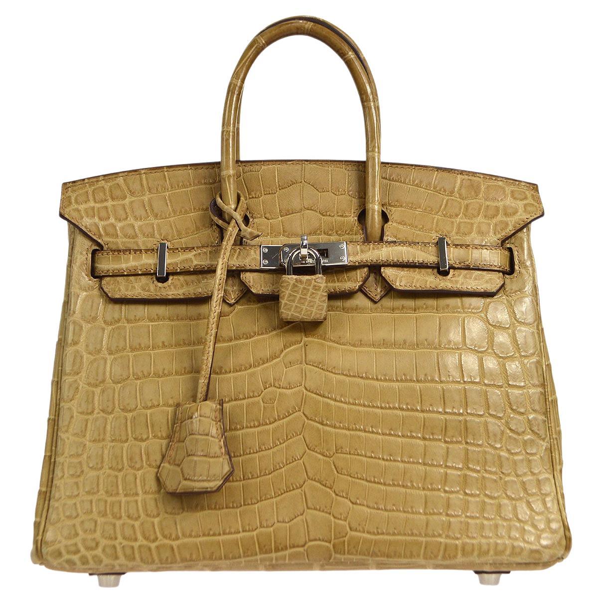 HERMES Birkin 25 Taupe Tan Niloticus Crocodile Exotic Top Handle Tote Bag