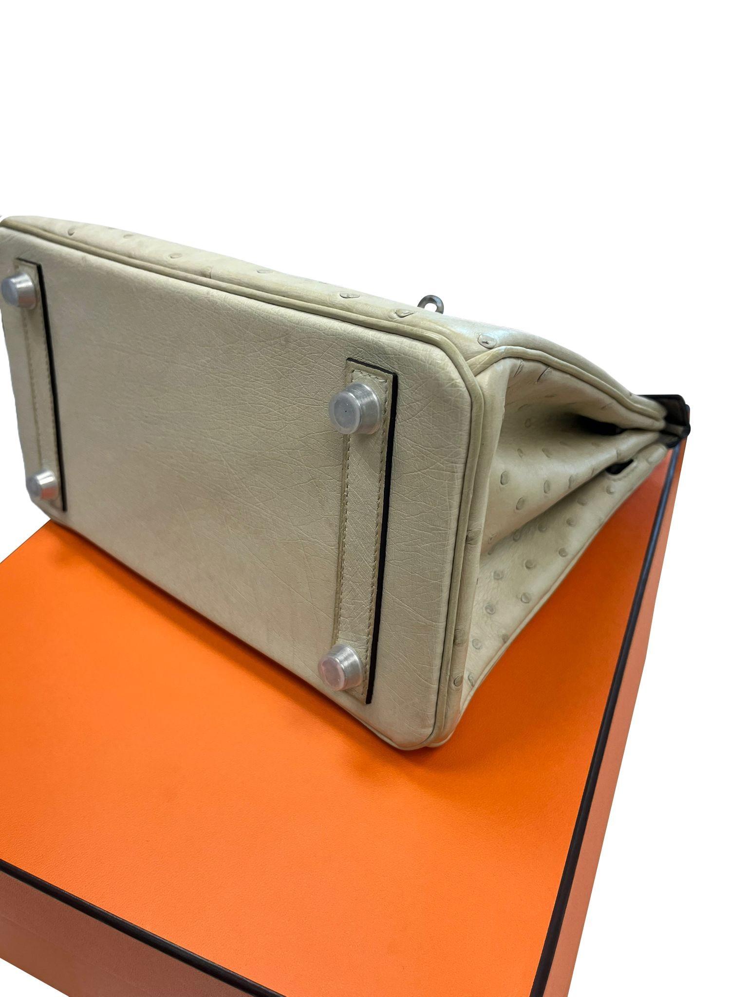 Sac à main Hermes Birkin 25 Bicolor Gris Agate et Ostrich Blanc Palladium Hardware en vente 13