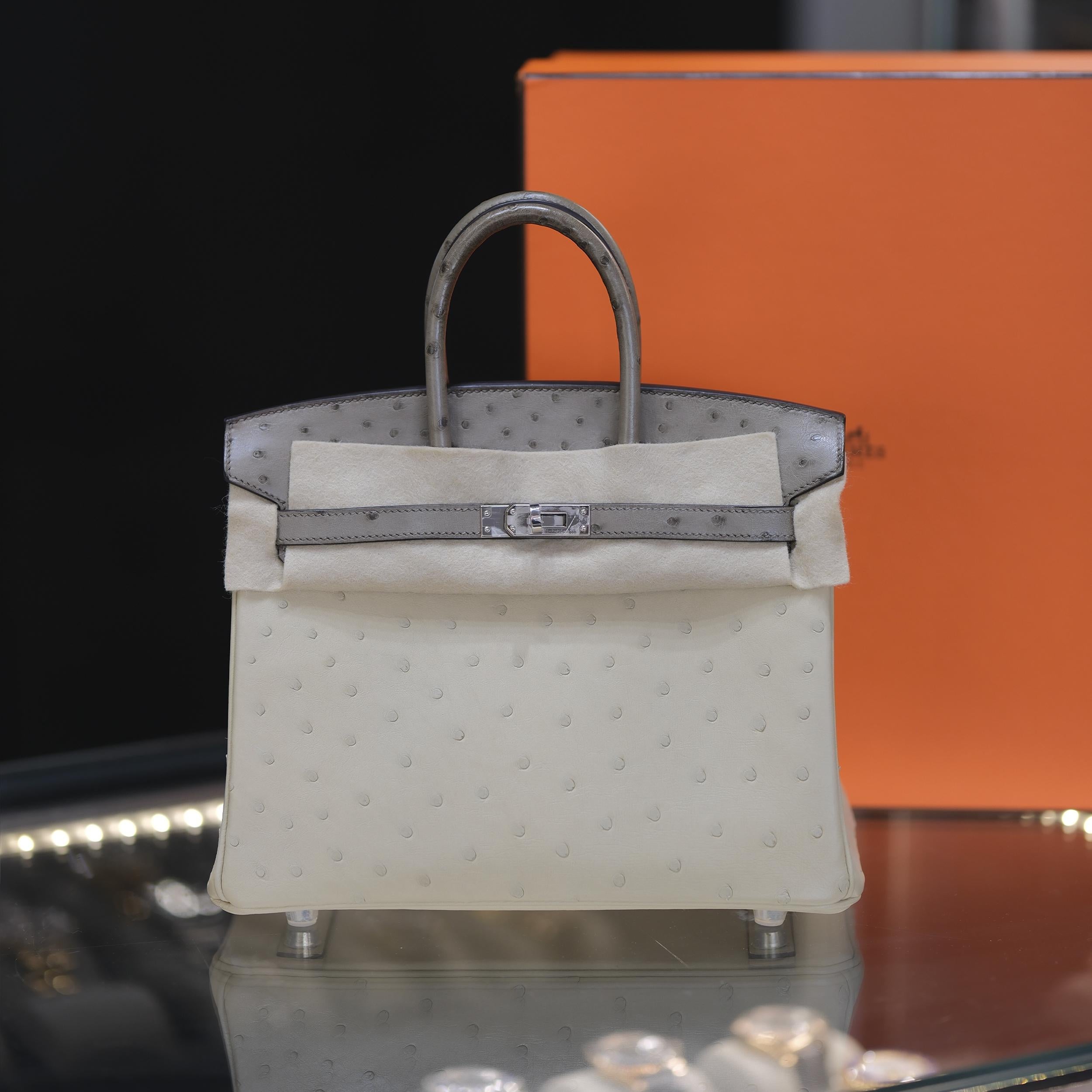 Hermes Birkin 25 Touch 3 Parchemin et autruche gris avec quincaillerie en palladium Excellent état - En vente à North Miami Beach, FL