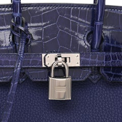 HERMES Birkin 25 Touch Blue Shiny Niloticus Crocodile Togo Palladium Tote Bag
