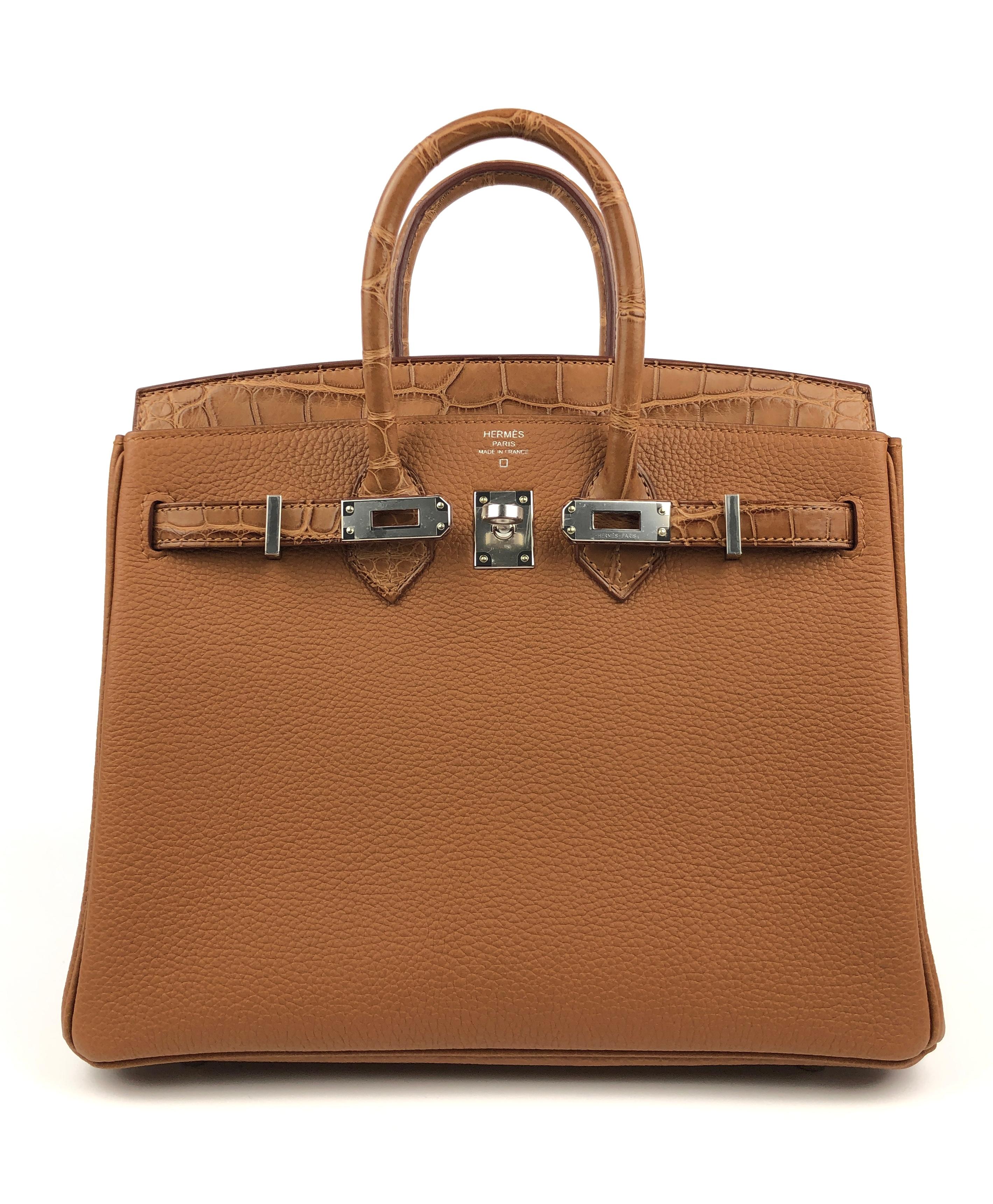 Marron Hermès - Sac Birkin 25 Touch doré Togo mat en alligator avec finitions métalliques en palladium, neuf, 2021