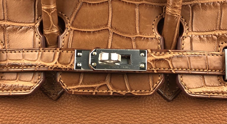 Hermes Birkin Touch bag 25 Chai Togo leather/Matt alligator crocodile skin  Champagne gold hardware
