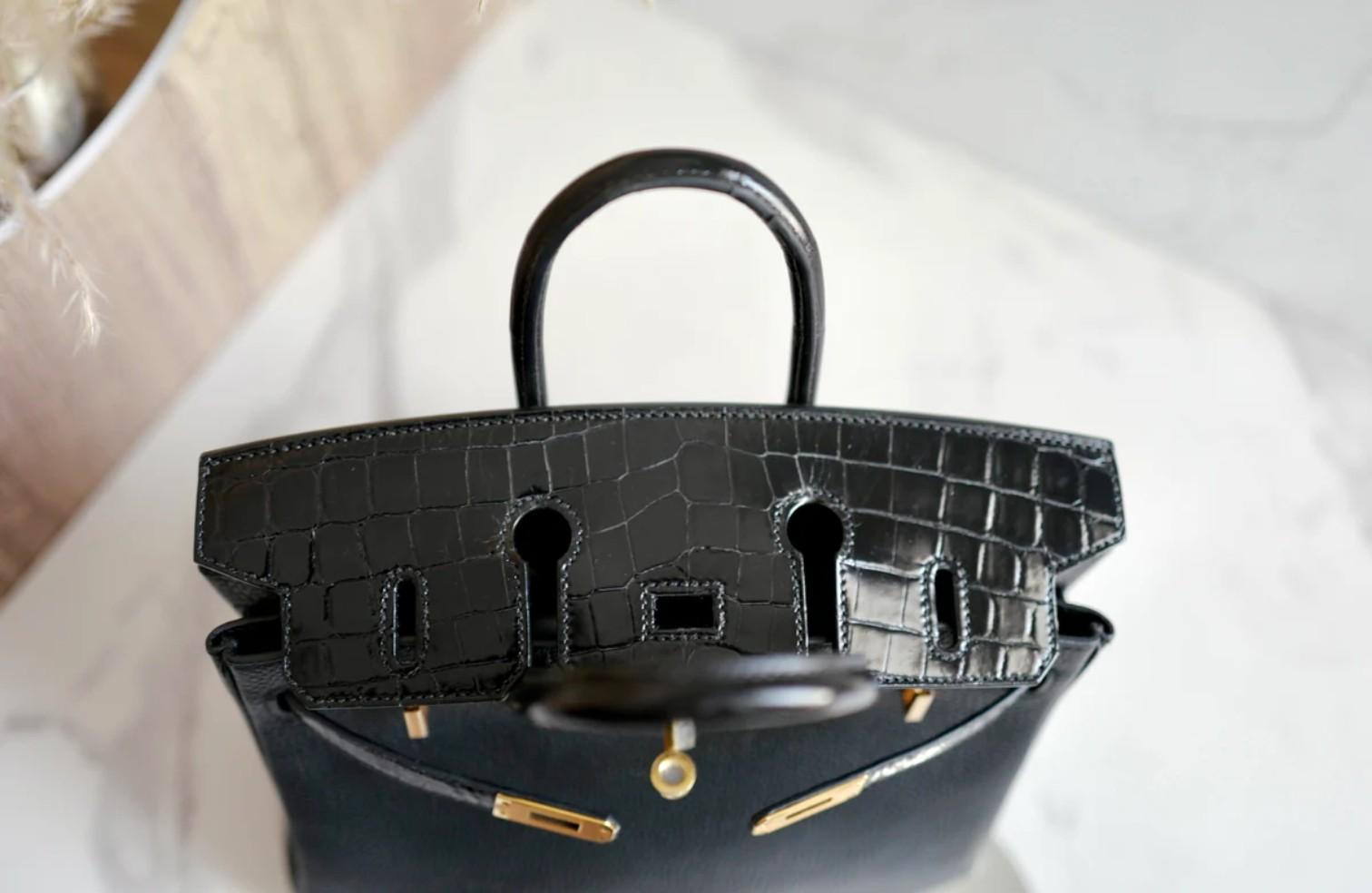 Hermes Birkin 25 Touch Noir/Black Togo/Shiny Nilo Crocodile w/ Gold HW For Sale 6