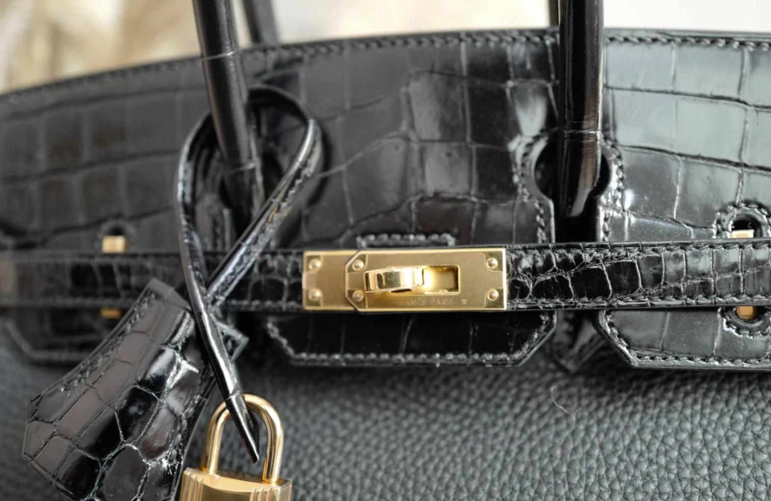 Hermes Birkin 25 Touch Noir/Black Togo/Shiny Nilo Crocodile w/ Gold HW For Sale 8