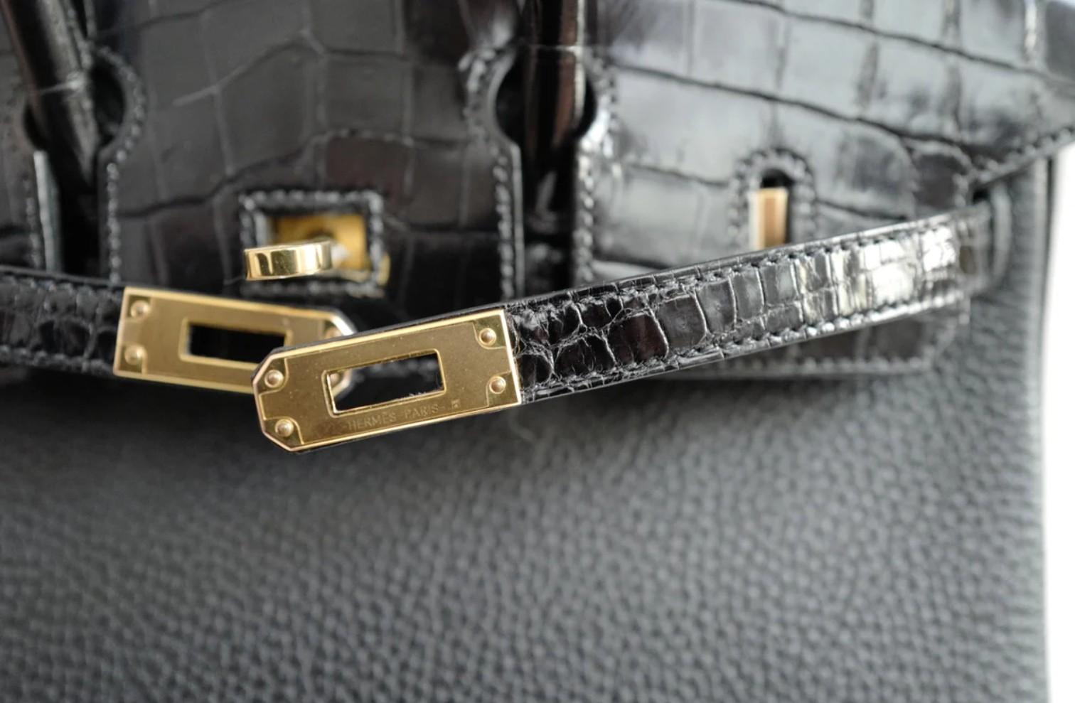 Hermes Birkin 25 Touch Noir/Black Togo/Shiny Nilo Crocodile w/ Gold HW For Sale 9