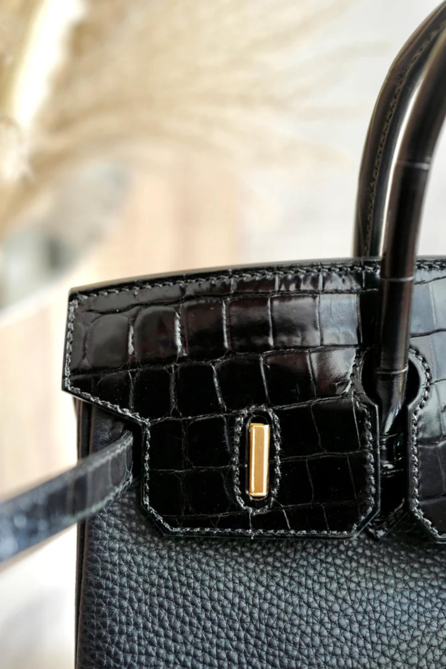Hermes Birkin 25 Touch Noir/Black Togo/Shiny Nilo Crocodile w/ Gold HW For Sale 10
