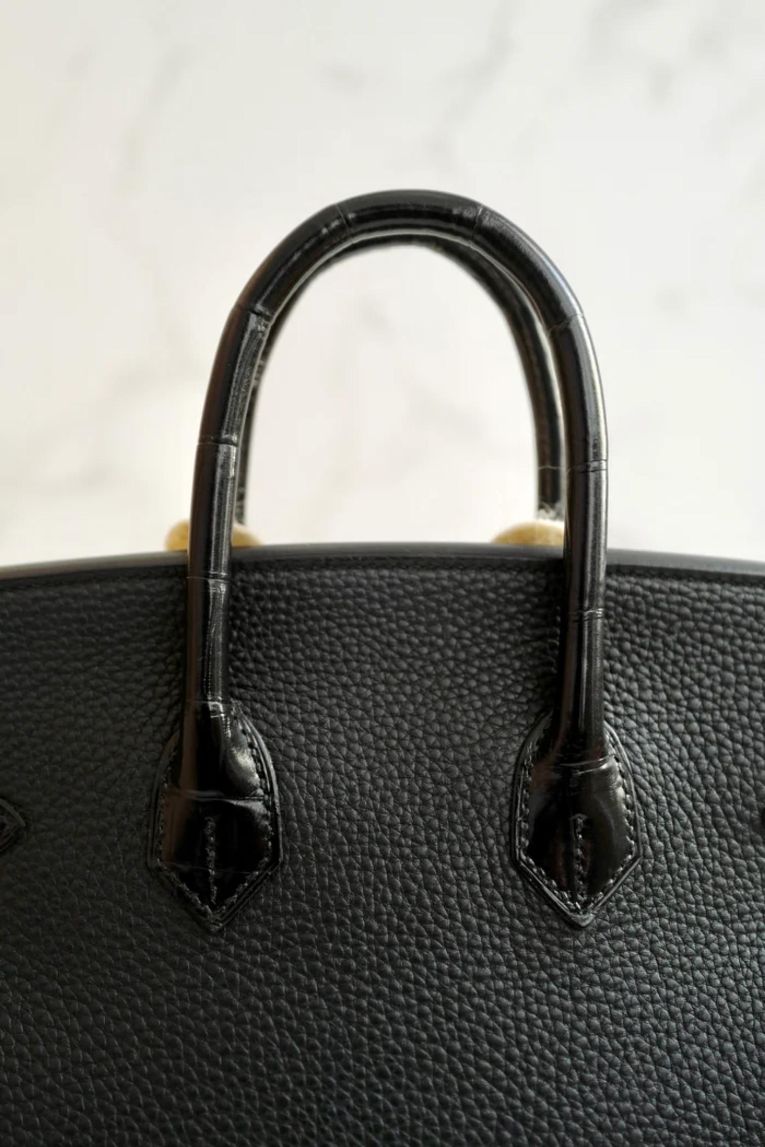 Hermes Birkin 25 Touch Noir/Black Togo/Shiny Nilo Crocodile w/ Gold HW For Sale 13