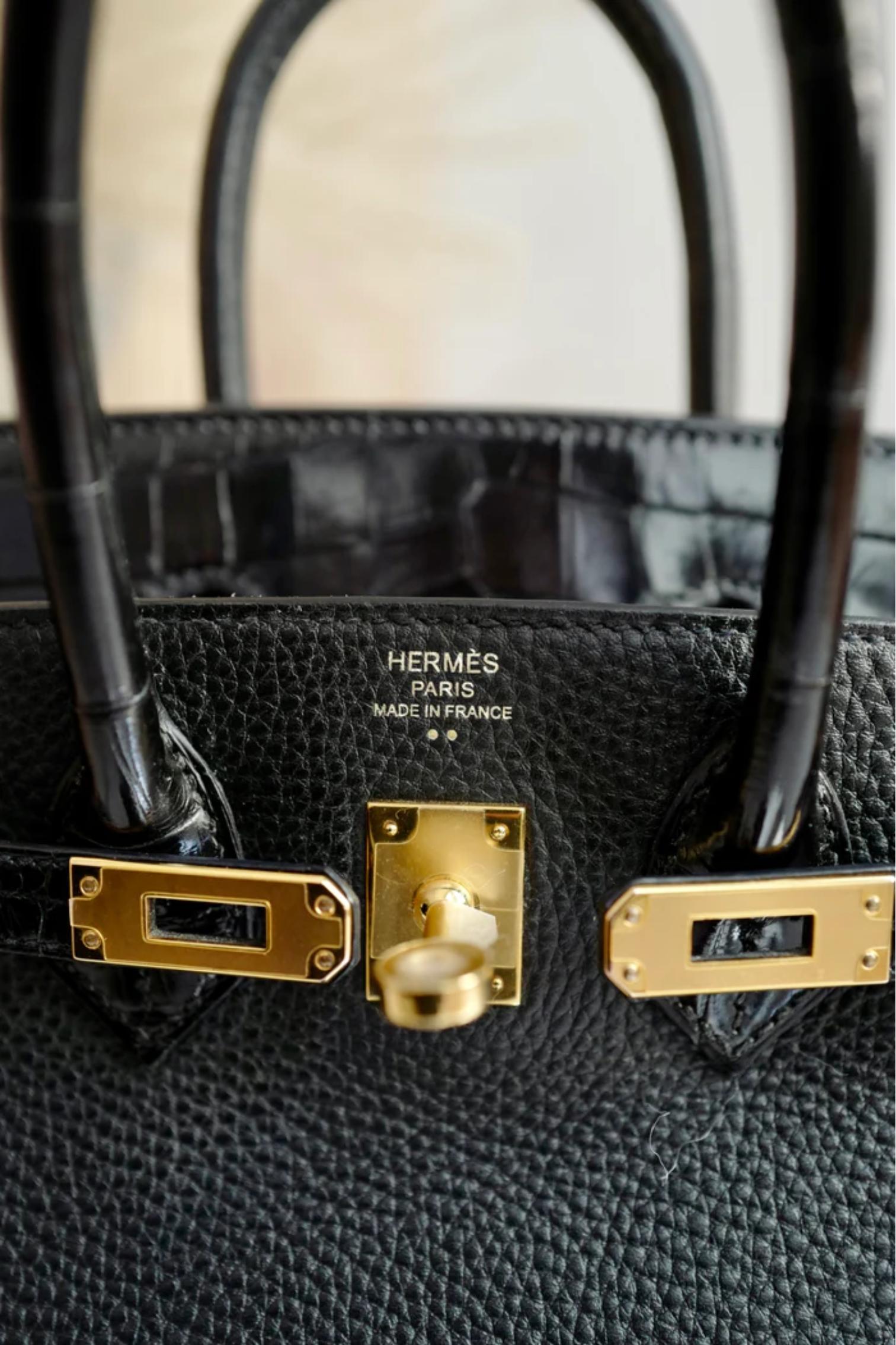 Hermes Birkin 25 Touch Noir/Black Togo/Shiny Nilo Crocodile w/ Gold HW For Sale 14