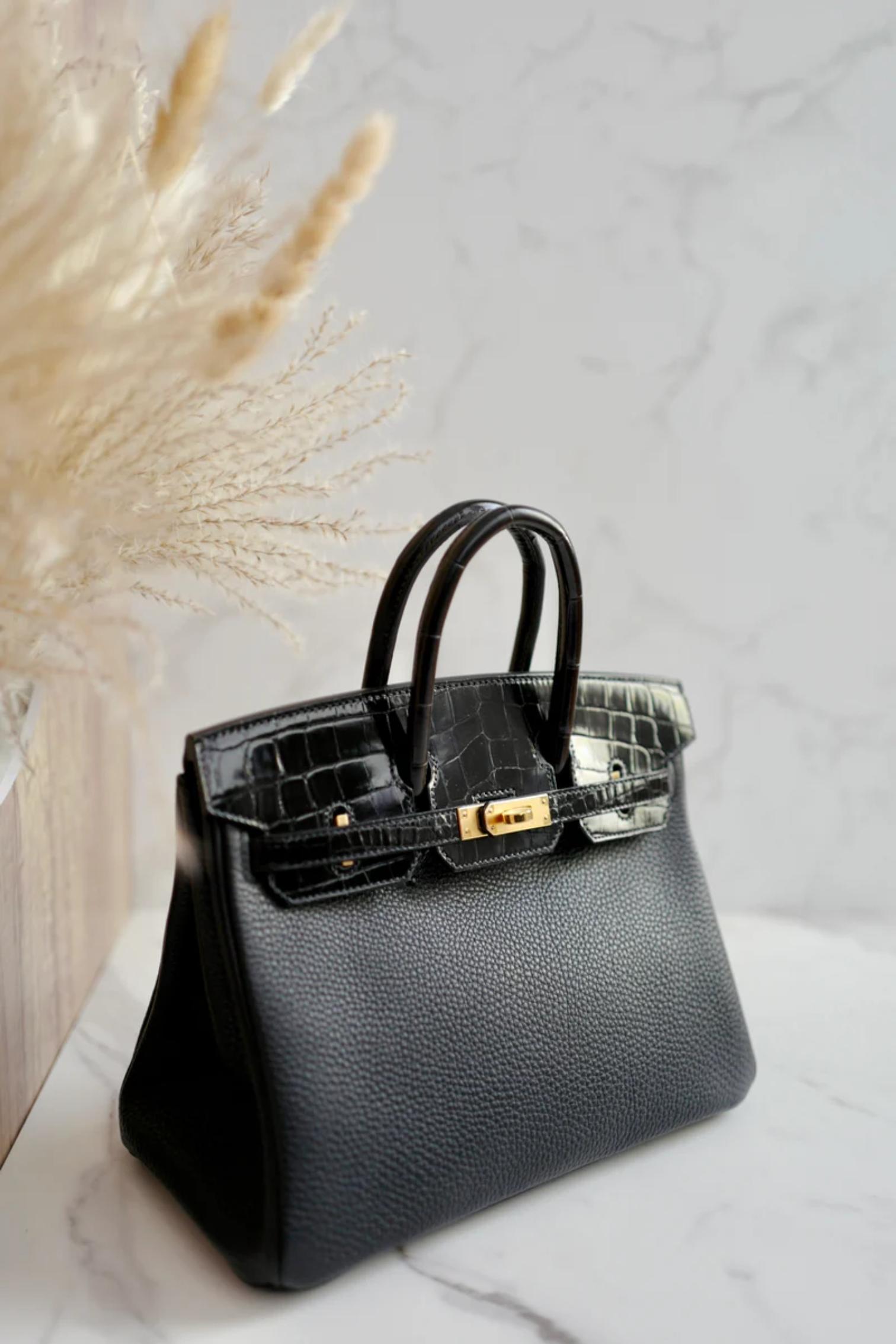 Hermes Birkin 25 Touch Noir/Black Togo/Shiny Nilo Crocodile w/ Gold HW For Sale 15