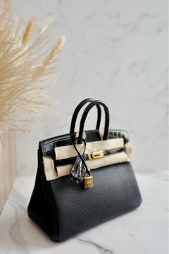 Hermes Birkin 25 Touch Noir/Schwarz Togo/Glänzend Nilo Krokodil w/ Gold HW