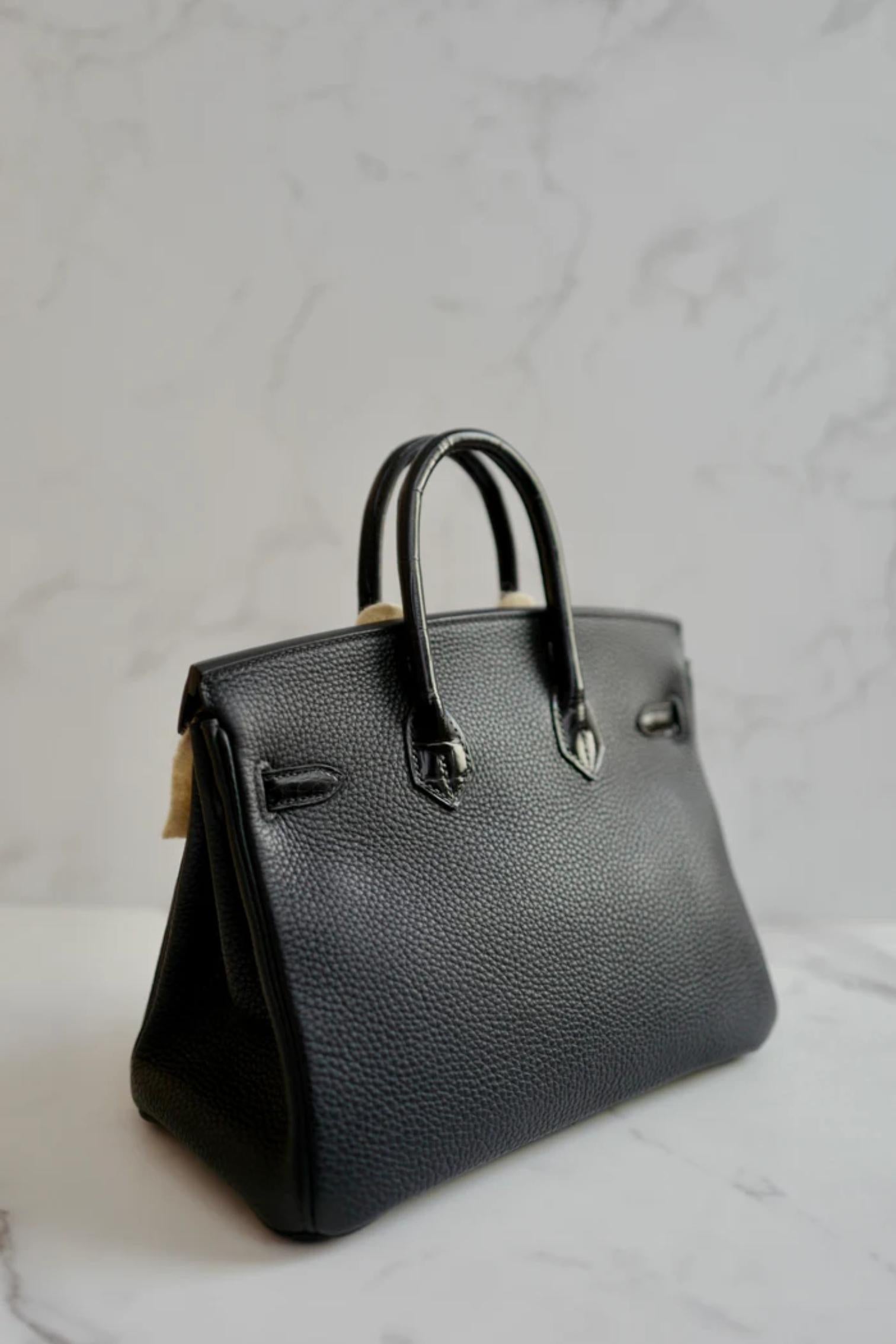 Hermes Birkin 25 Touch Noir/Black Togo/Shiny Nilo Crocodile w/ Gold HW For Sale 1