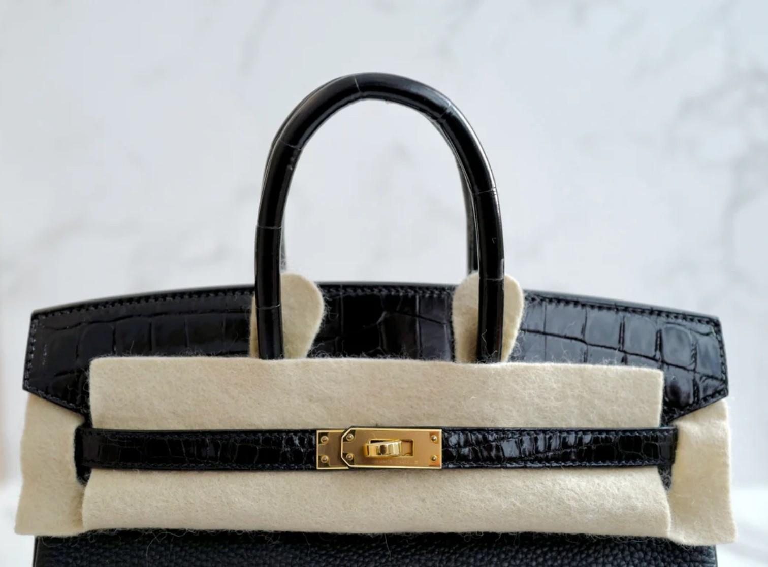 Hermes Birkin 25 Touch Noir/Black Togo/Shiny Nilo Crocodile w/ Gold HW For Sale 5