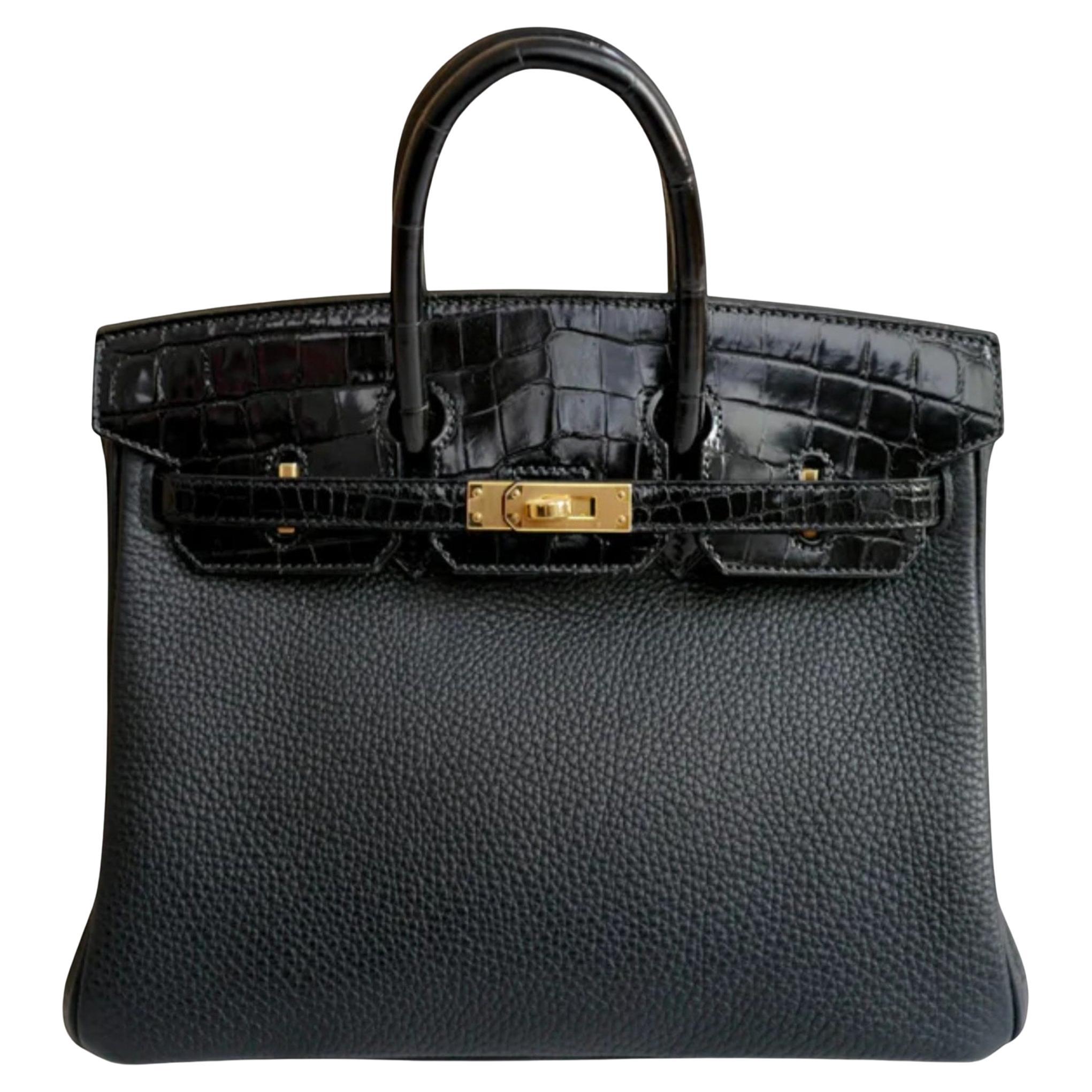 Hermes Birkin 25 Touch Noir/Black Togo/Shiny Nilo Crocodile w/ Gold HW For Sale