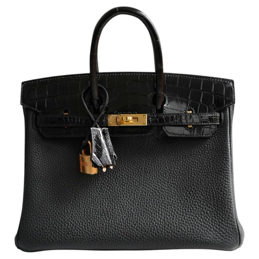 Hermes Birkin 25 Touch Noir/Black Togo/Shiny Nilo Crocodile w/ Gold HW
