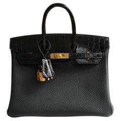 Hermes Birkin 25 Touch Noir/Black Togo/Shiny Nilo Crocodile w/ Gold HW
