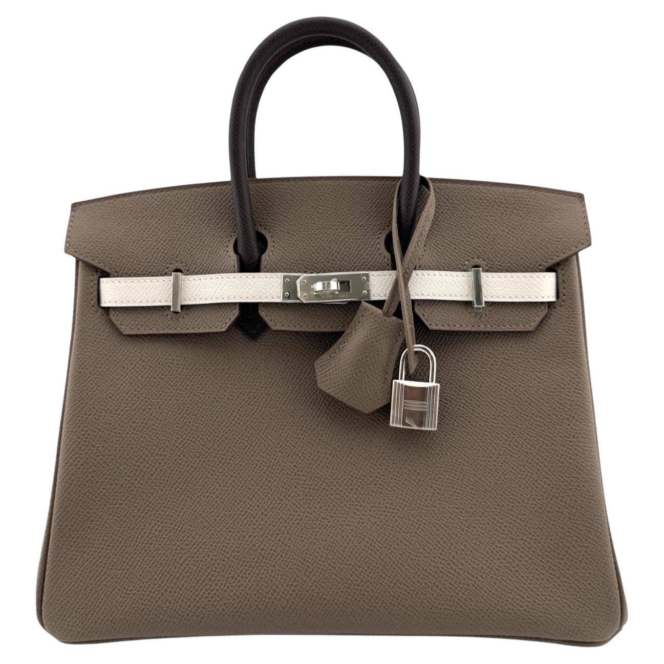 Hermes Birkin 25 Tri Color Etoupe Gris Pale Ebene Epsom Leather Top Handle Bag For Sale