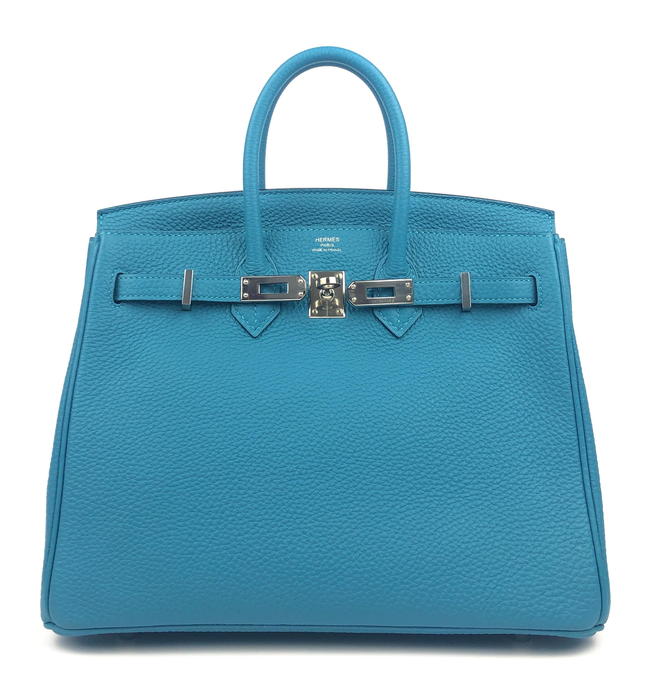 Hermes Birkin 25 Turquoise Blue Togo Leather Palladium Hardware In Excellent Condition In Miami, FL