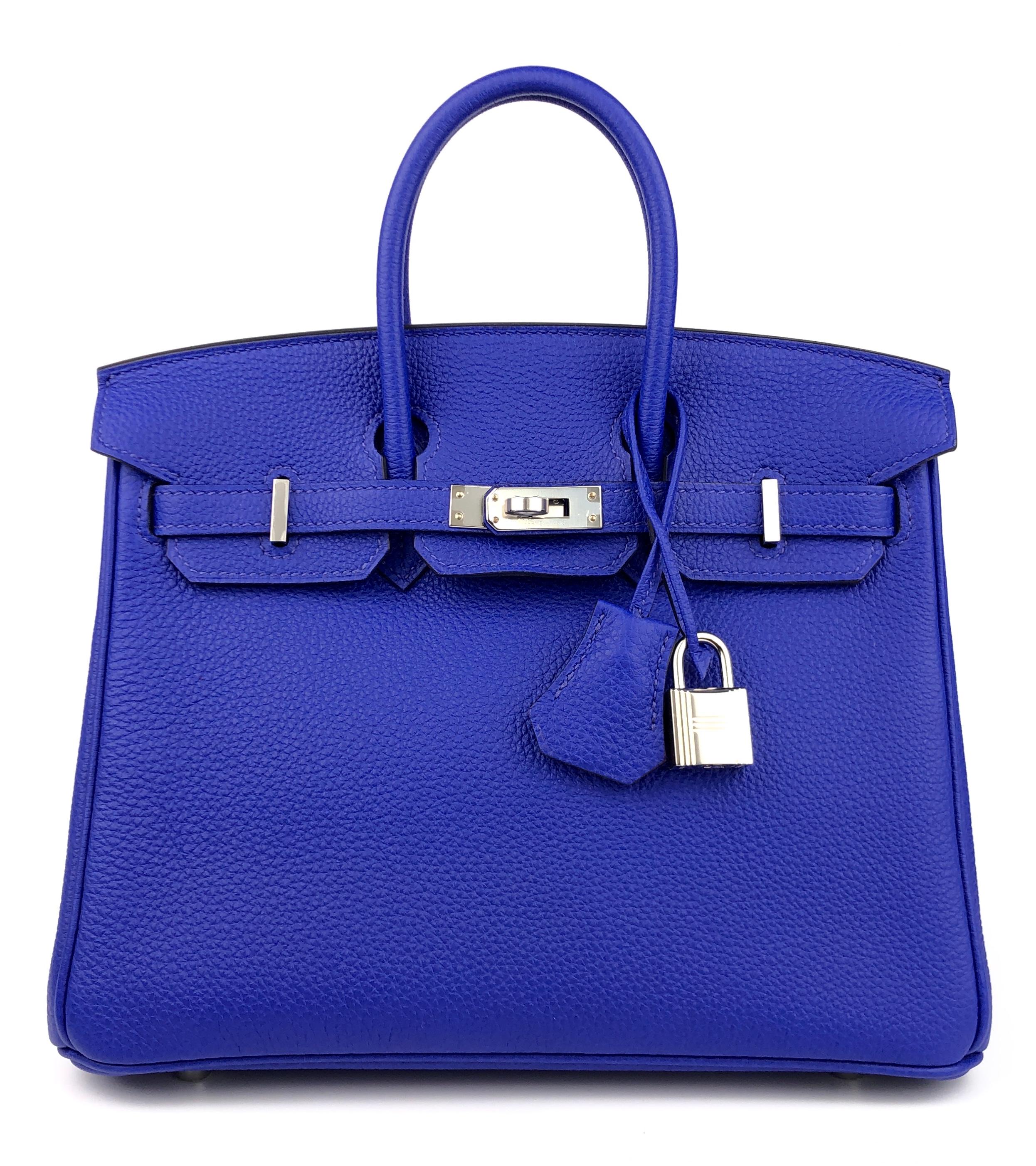 Absolutely Stunning As New 2020 Hermes Birkin 25 Verso Bleu Royal & Capucine Interior Togo Leather complimented by Palladium Hardware. As New Plastic on all Hardware and Feet. Y Stamp 2020. 

Shop with Confidence from Lux Addicts. Authenticity