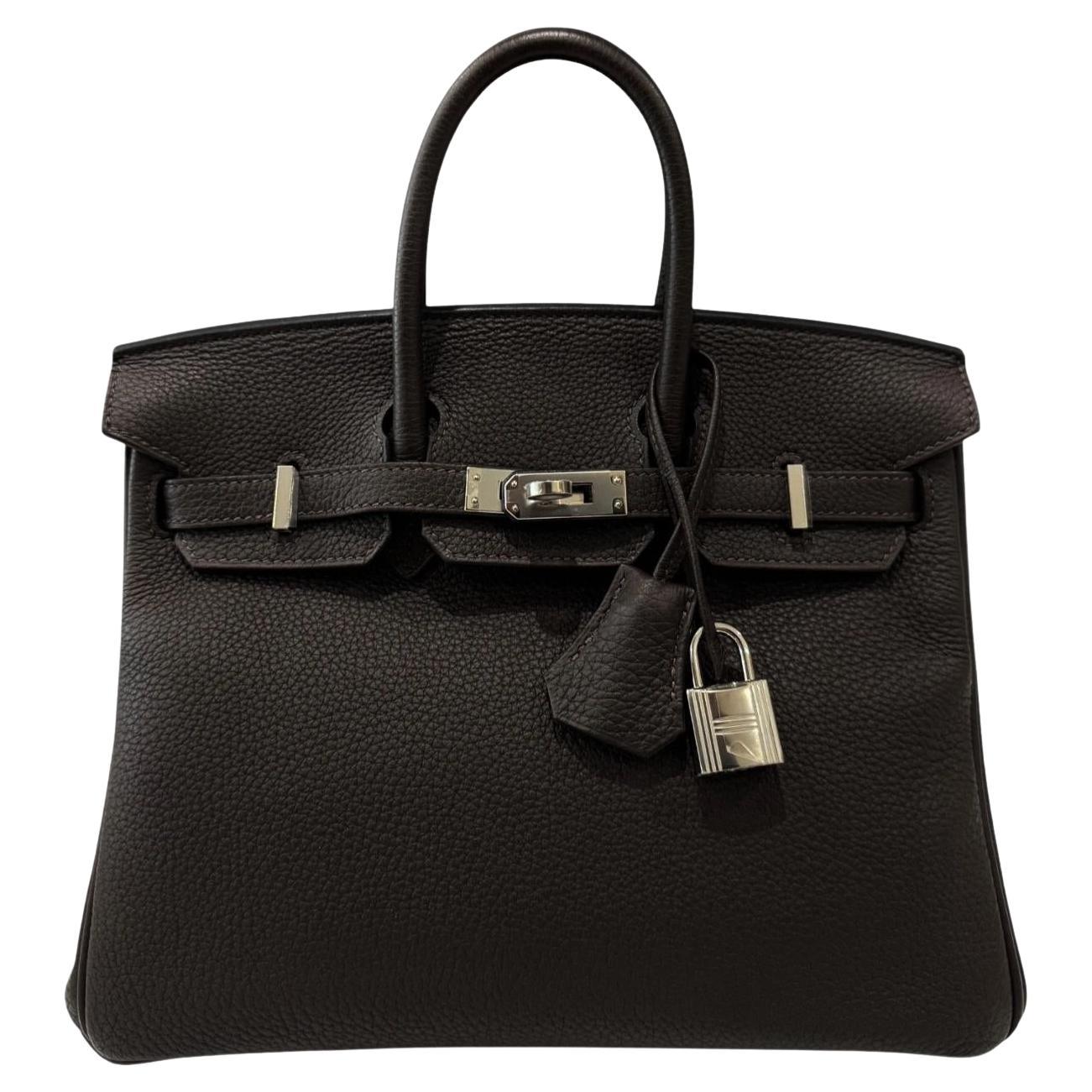 Hermes Birkin 25 Verso Ebene Brown Caramel Togo Leather Palladium Top Handle Bag