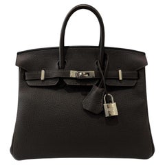 Hermes Birkin 25 Verso Ebene Brown Caramel Togo Leather Palladium Top Handle Bag