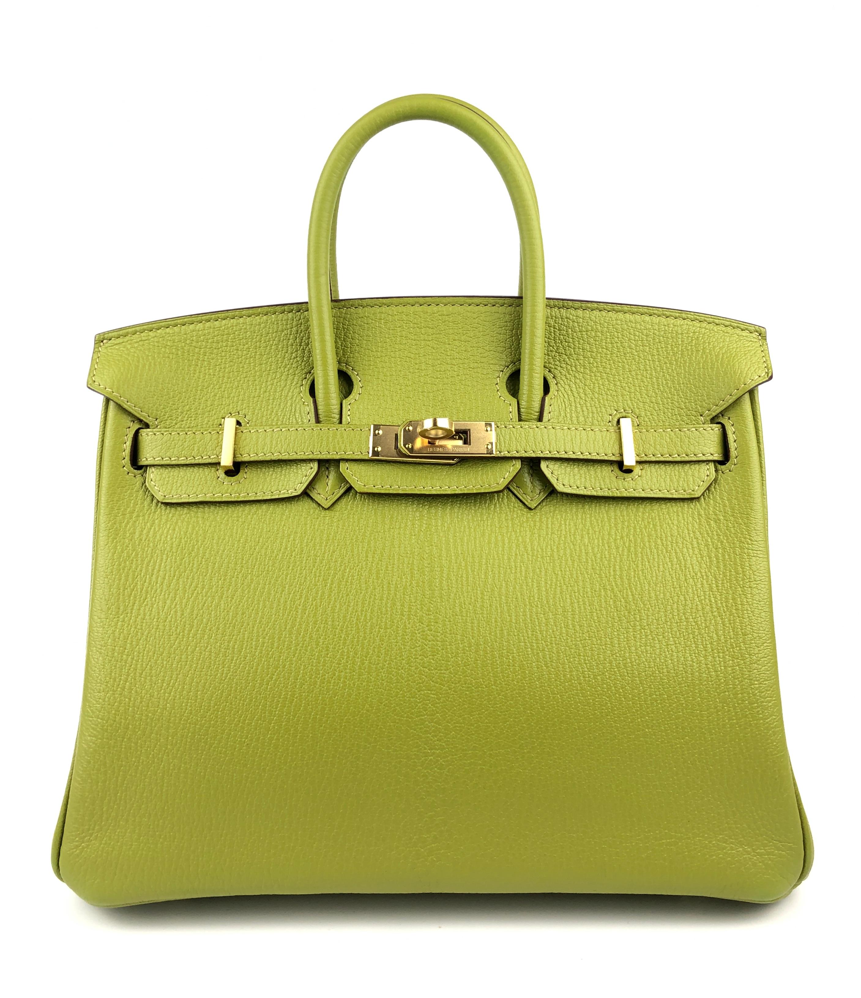 Very Rare and the Only ONE on eBay! Hermes Birkin 25 Vert Anis Green Chèvre Leather Gold Hardware. Like New Condition with Plastic on Hardware and feet, perfect corners and structure. 

Shop With Confidence from Lux Addicts. Authenticity Guaranteed!