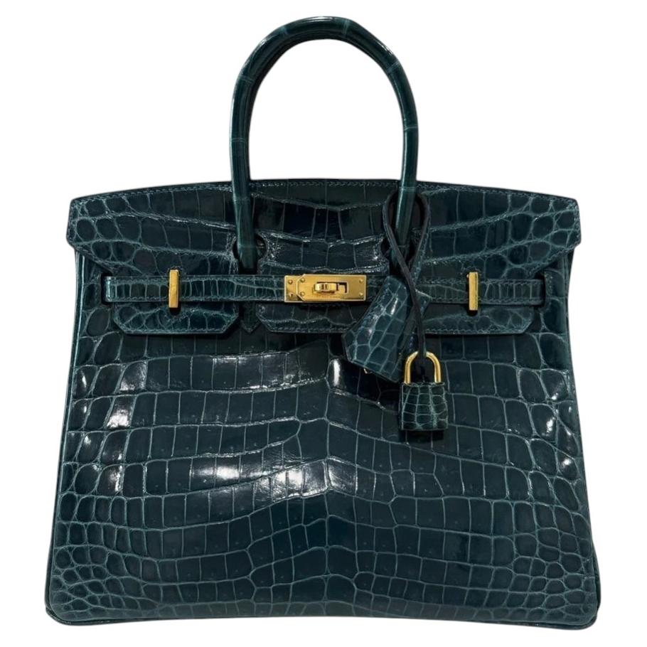 Hermes Birkin 25 Vert Cypress Crocodile Leather Gold Hardware Top Handle Bag