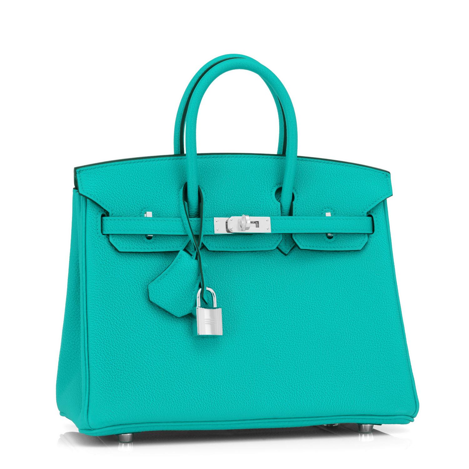 Blue Hermes Birkin 25 Vert Verone Rose Lipstick Jewel Lagoon Verso Bag Z Stamp, 2021