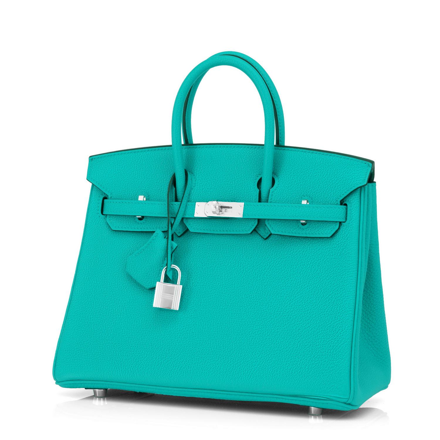 Women's Hermes Birkin 25 Vert Verone Rose Lipstick Jewel Lagoon Verso Bag Z Stamp, 2021