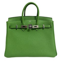 Hermes Birkin 25 Vert Yucca Green Togo Leather Palladium Hardware Top Handle Bag
