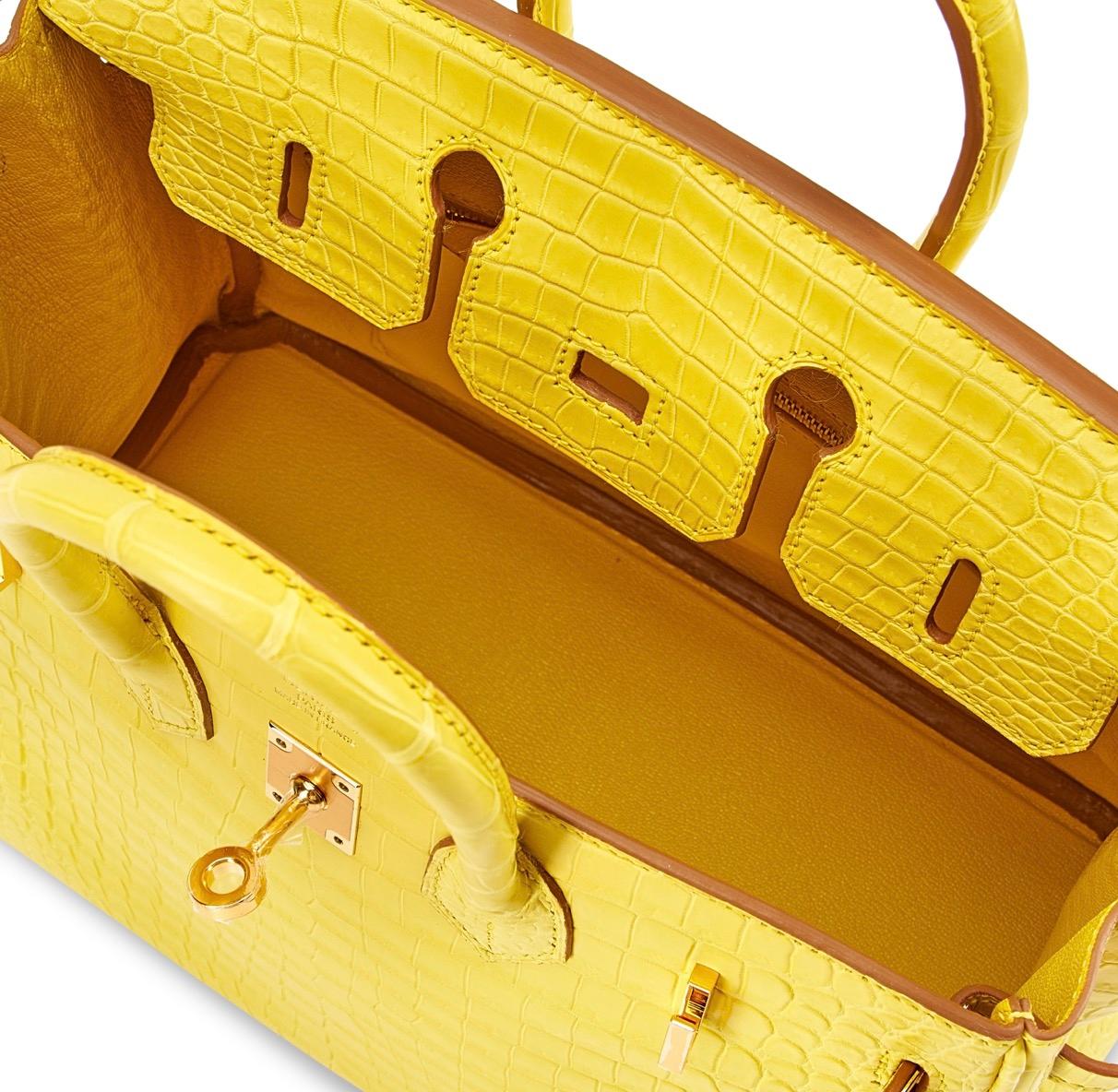 Women's Hermes Birkin 25 Yellow Exotic Matte Crocodile Gold Hardware Top Handle Tote Bag