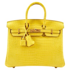 Hermes Birkin 25 Yellow Exotic Matte Crocodile Gold Hardware Top Handle Tote Bag