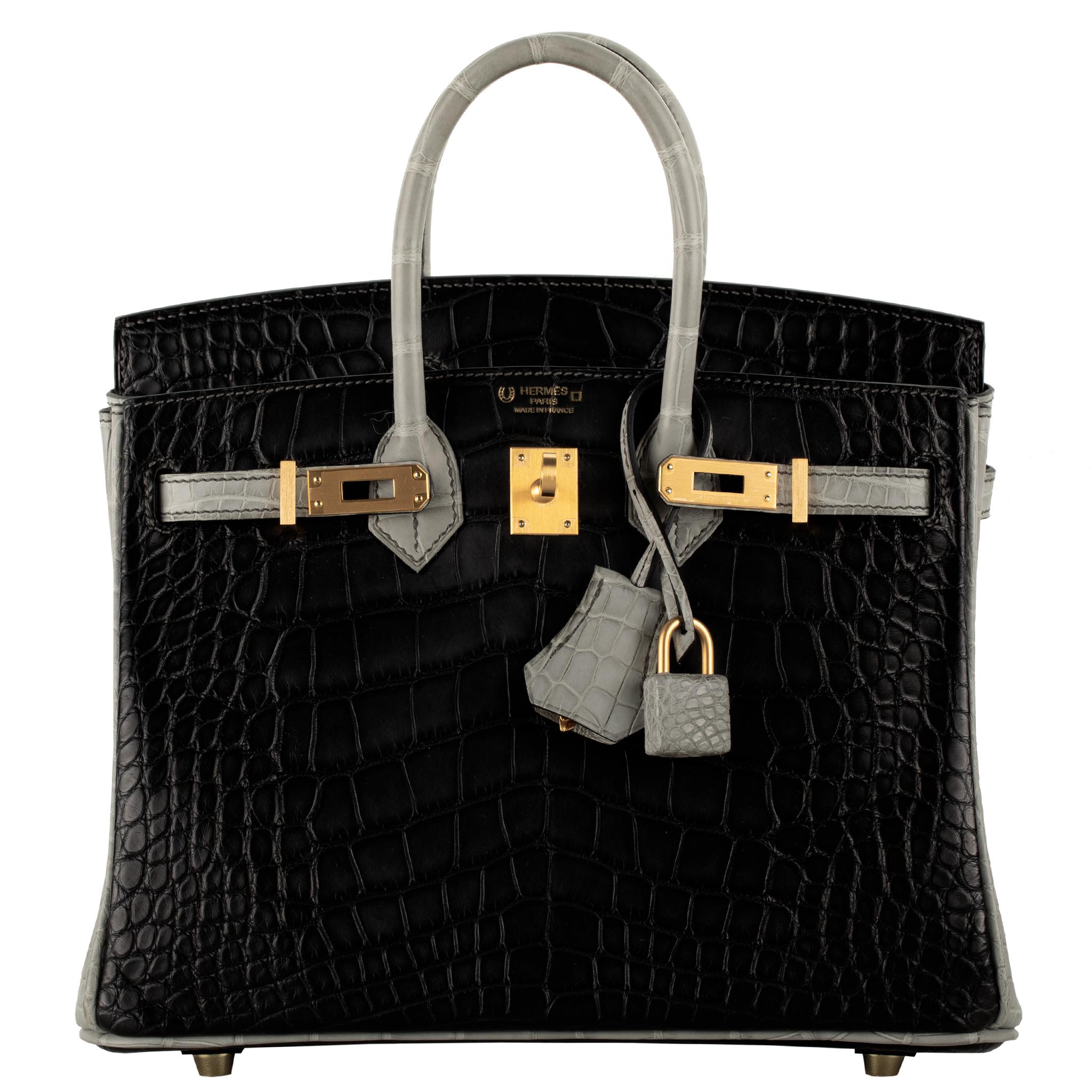 Hermès Birkin 25cm Schwarz & Gris Perle Matte Alligator Gebürstet Gold Hardware im Zustand „Neu“ in Sydney, New South Wales