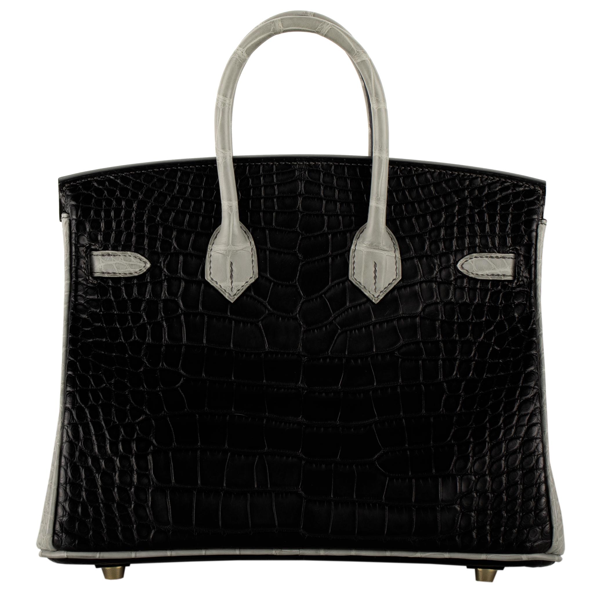 Hermès Birkin 25cm Black & Gris Perle Matte Alligator Brushed Gold Hardware 1