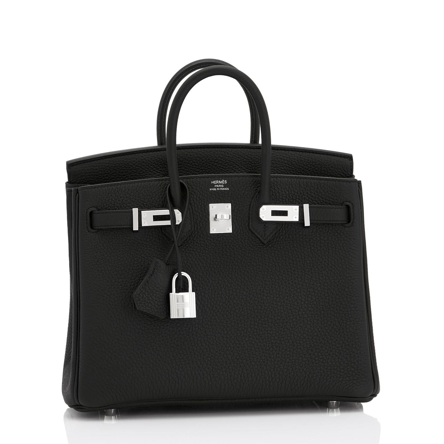 Hermes Black Baby Birkin 25cm Palladium Hardware 
Brand New in Box. Store Fresh. Pristine Condition (with plastic on hardware)
Perfect gift! Comes full set with keys, lock, clochette, a sleeper for the bag, rain protector, and Hermes box.
The