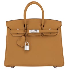 Used Hermes Birkin 25cm Bronze Dore Togo Gold Tan Bag Palladium Bag Y Stamp, 2020