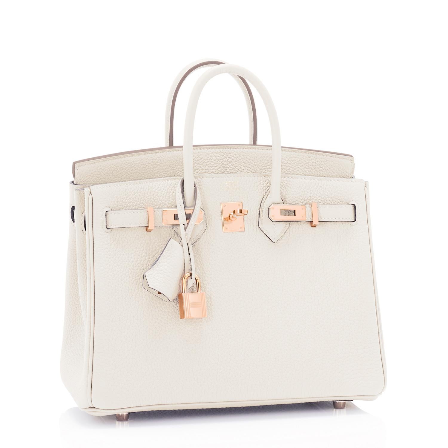 Hermes Birkin 25cm Craie Rose Gold Hardware Togo Off White Z Stamp, 2021
Don't miss this most coveted Craie with Rose Gold Baby Birkin! It is sooo pretty in person!
Brand New in Box.  Store Fresh. Pristine Condition (with plastic on hardware)
Just