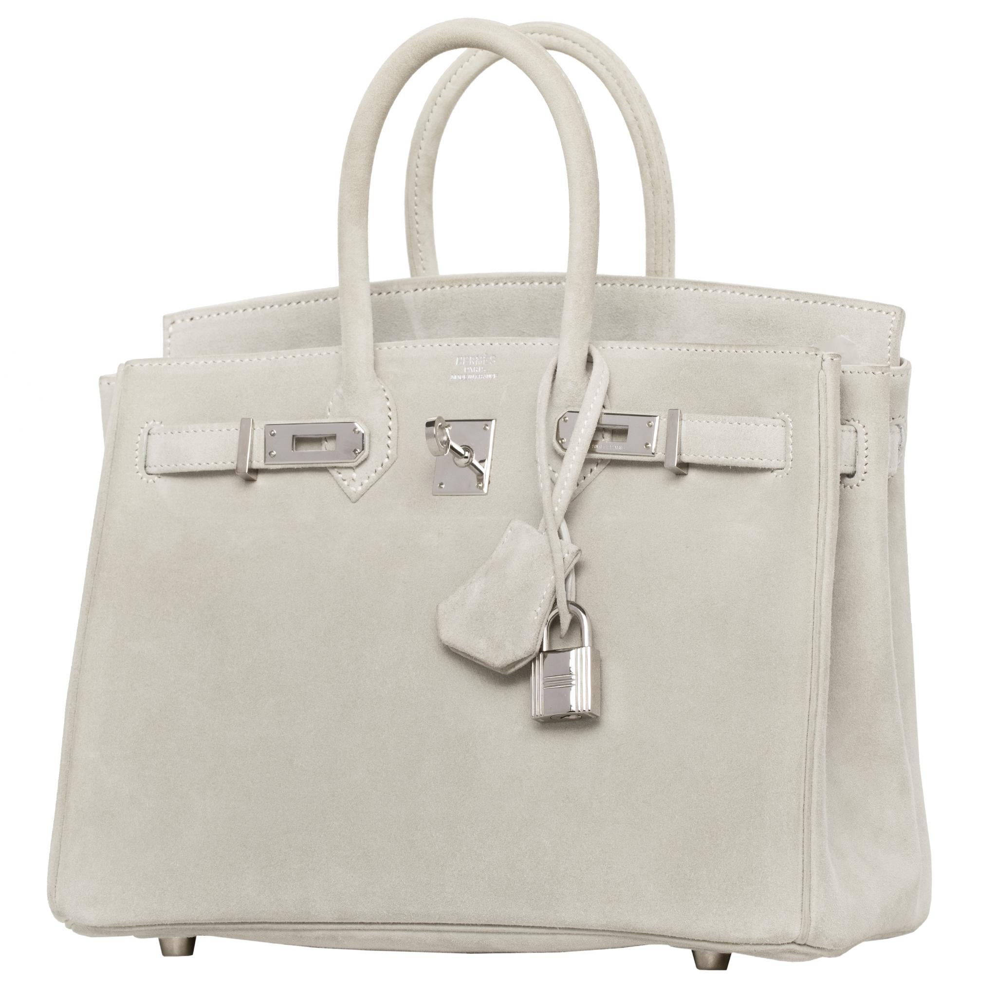 Gray Hermès Birkin 25cm Gris Perle Doblis Suede Leather Palladium Hardware For Sale