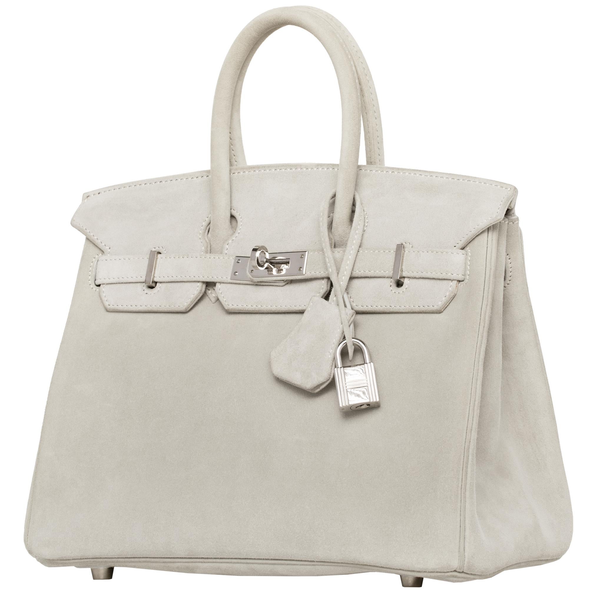 Hermès Birkin 25cm Gris Perle Doblis Suede Leather Palladium Hardware In Good Condition For Sale In Sydney, New South Wales